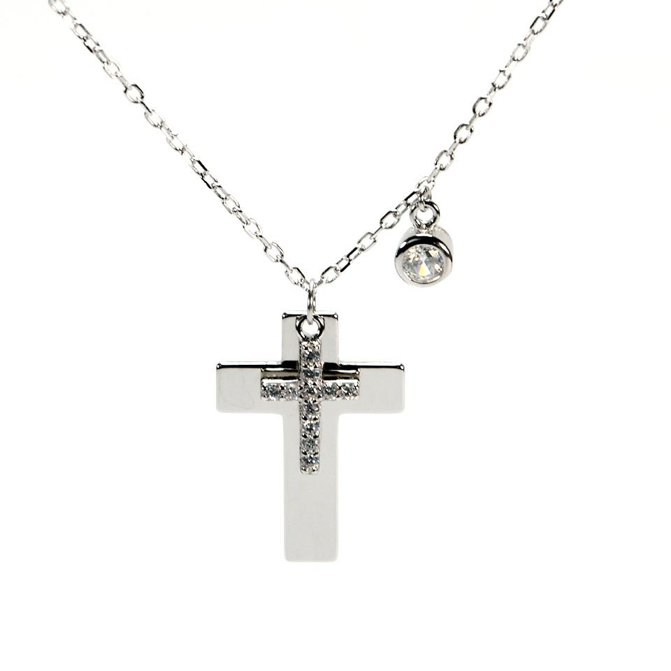Stříbrný řetízek s pevnou ozdobou kříže se zirkony