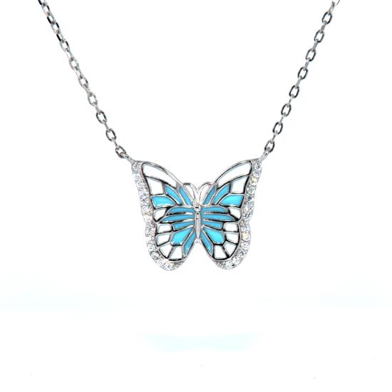 Stříbrný řetízek s pevnou ozdobou motýla s perletí a zirkony
