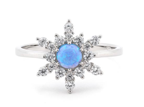 Stříbrný prsten vločka s modrým opálem a zirkony
