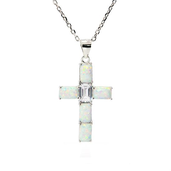 Stříbrný přívěsek křížek s bílými opály a zirkonem